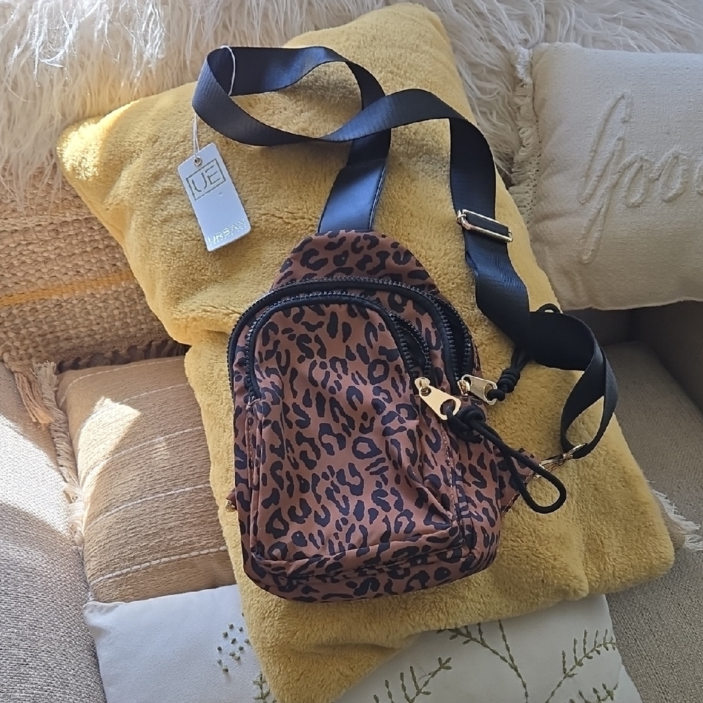 UE Leopard Print Mini Crossbody Bag in Brown with Black Strap